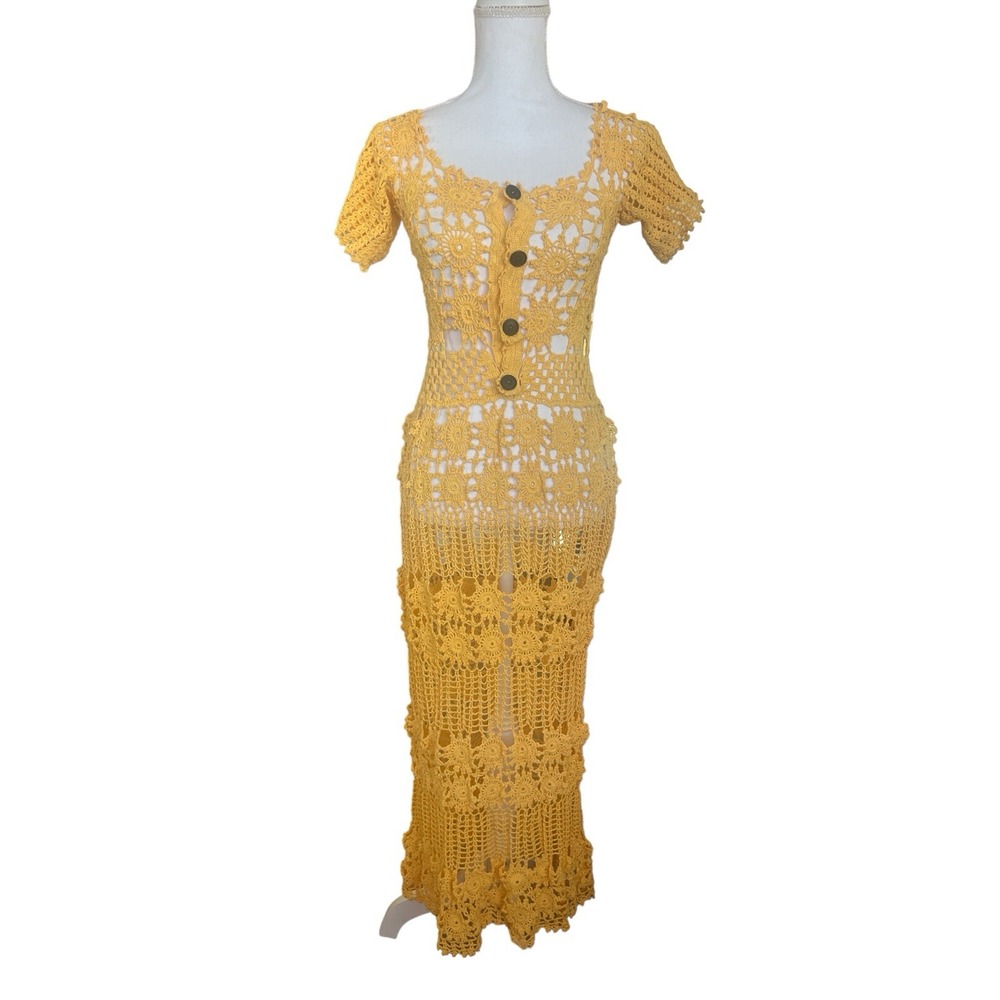 Crochet Dress Handmade Maxi Yellow Size Small‎ Cover Up